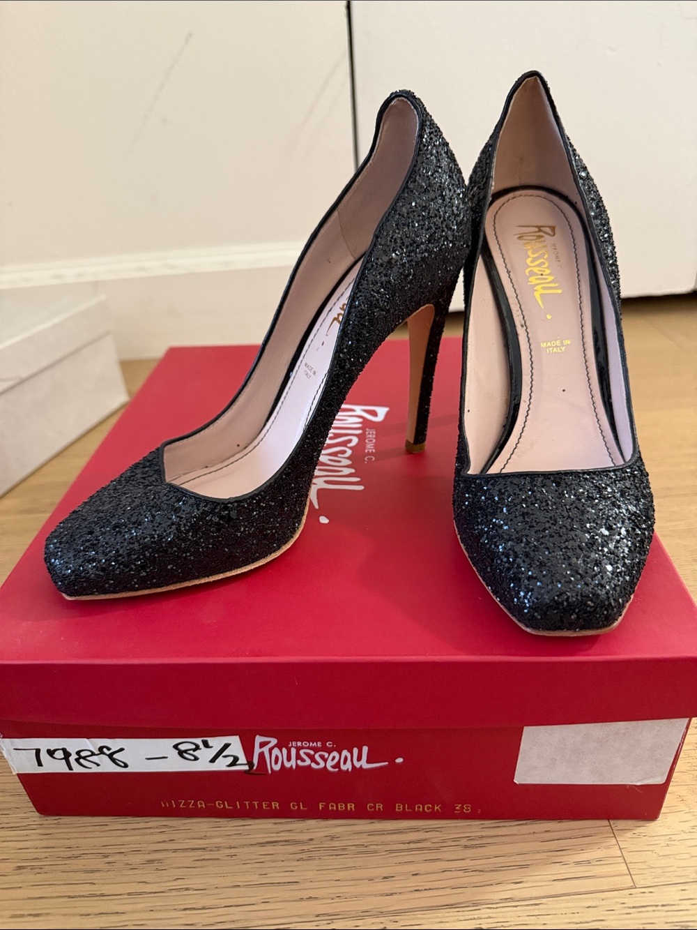 Jerome C. Rousseau Black Glitter Stiletto Pumps